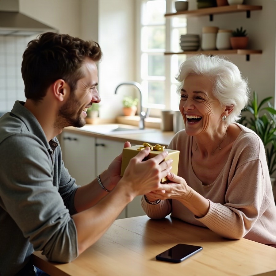 A man handing a wrapped gift to a smiling older woman at a kitchen table