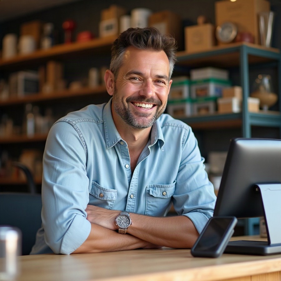 A shop owner behind his counter, listening and grinning