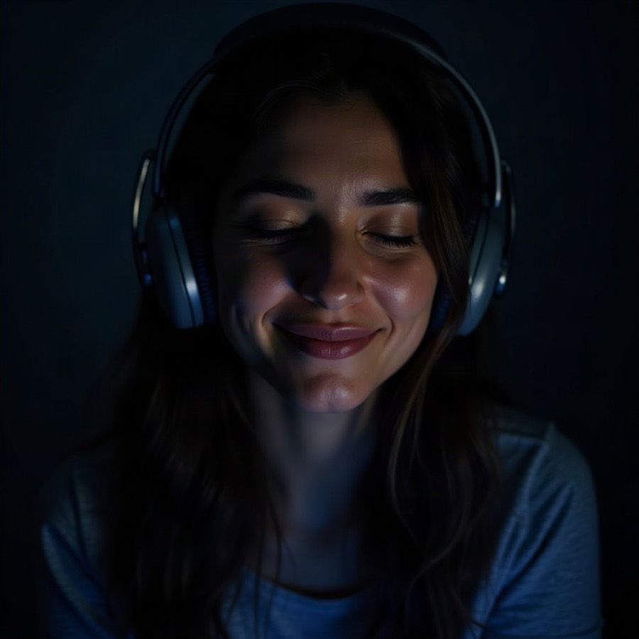 A woman listening to her song through headphones, eyes closed and smiling